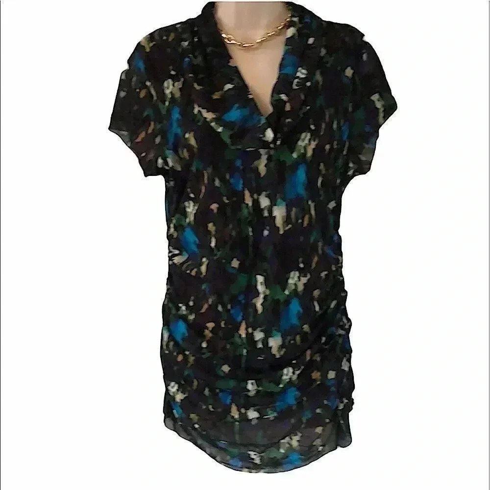 𝅺kennith Cole black floral long scoop‎ neck short sleeve shirt size large